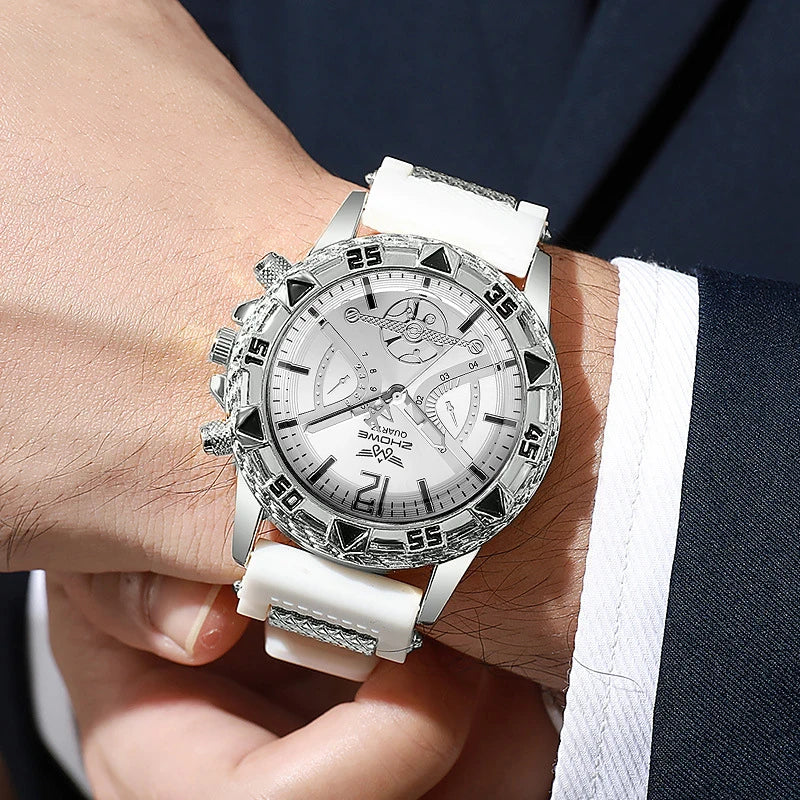 4PCS Fashion Arabic Dial Men Business Quartz Watch CasuSilicone Strap Wristwatch With Necklace Set Reloj Hombre (Without Box)