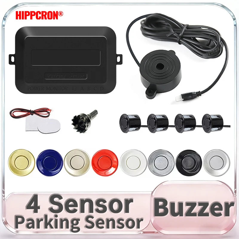 Hippcron 4 Sensors Buzzer 22mm Car Parking Sensor Kit Reverse Backup Radar Sound Alert Indicator Probe System 12V Black White