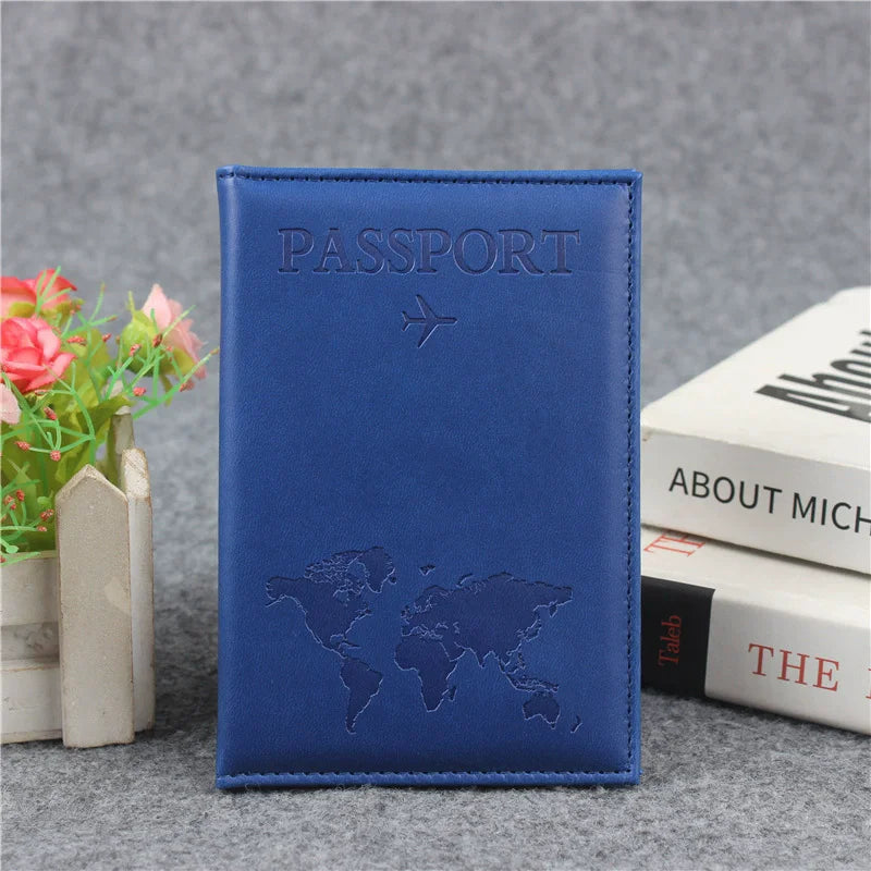 PU Leather Passport Cover For Men & Women World Map Travel Passport Case Organizer - Protective Card Holder ID Document Covers