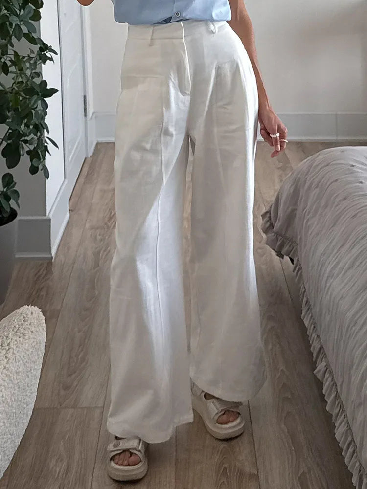 Summer White Pants For Women Cotton Formal High Waist Wide Leg Trousers Ladies Elegant Summer Women's Pants Straight Leg Office
