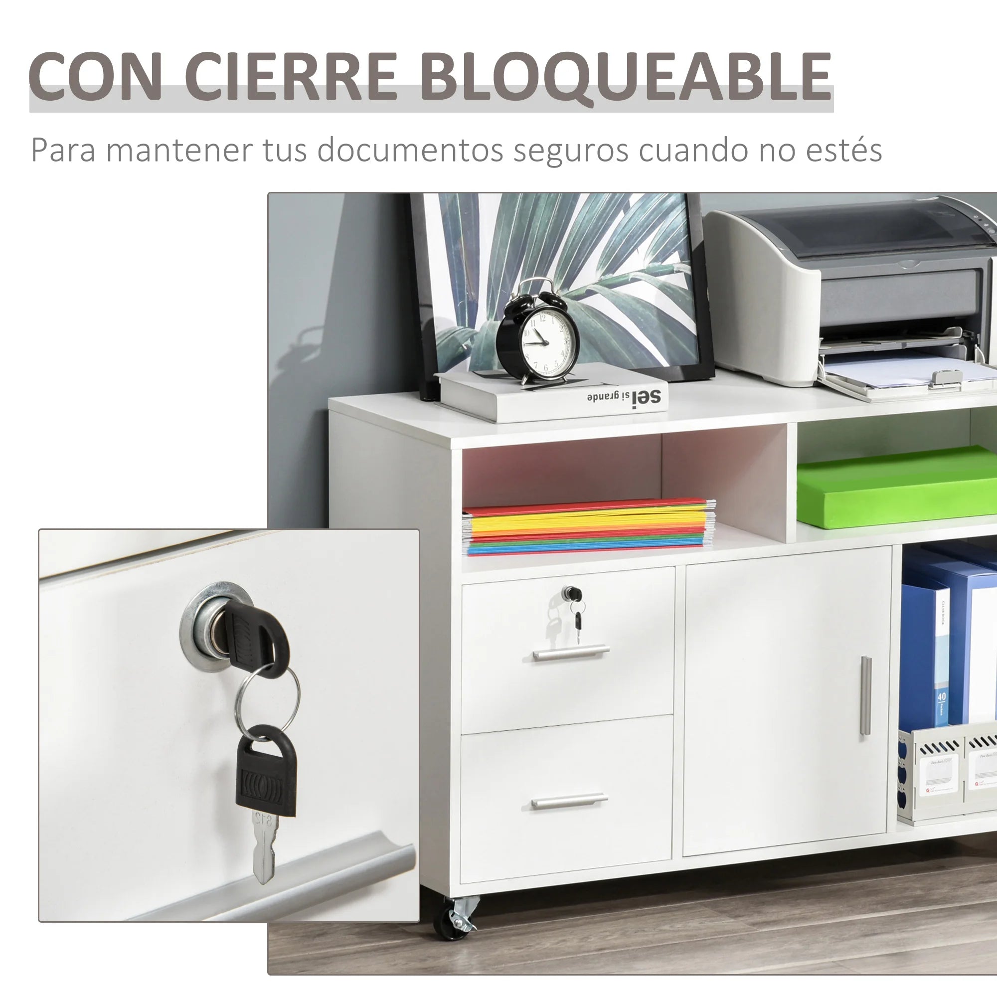 HOMCOM office furniture with wheels drawers and shelves 100x35x65 cm White