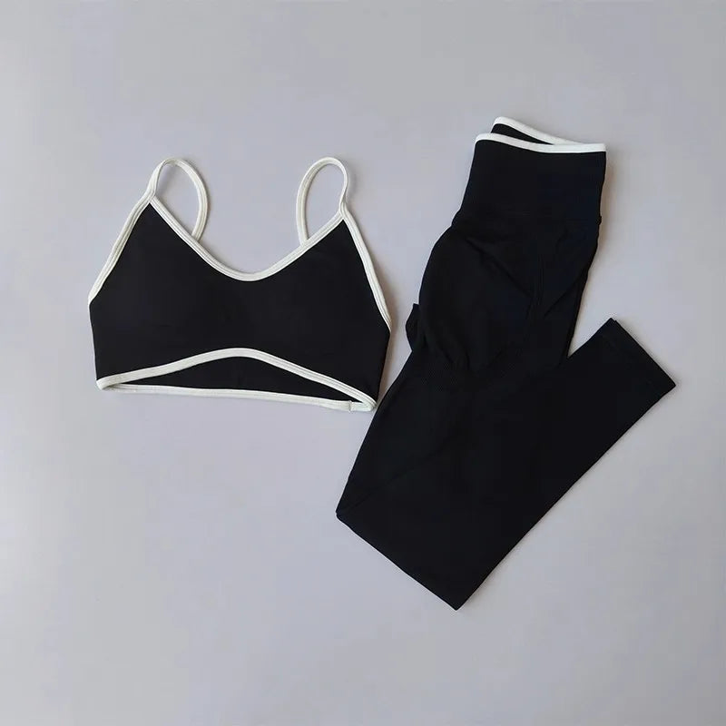2PCS High Waisted Sports Bra Set with Contrasting Small Suspender Tight Fitting Hip Lifting Training Bra And Pants