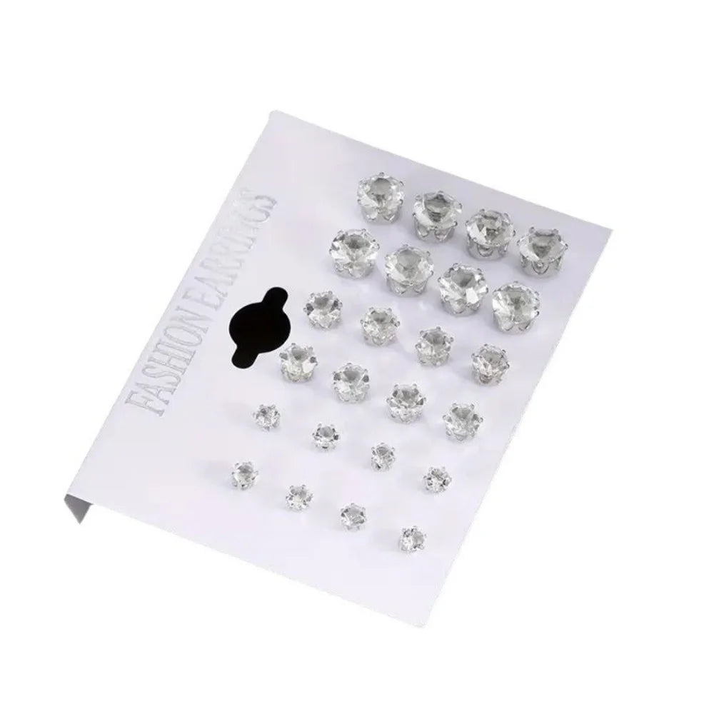 12 Pairs Set Stainless Steel Silver Color CZ Stud Earrings with Gemstone Buds Round Earrings Jewelry Accessories Unisex