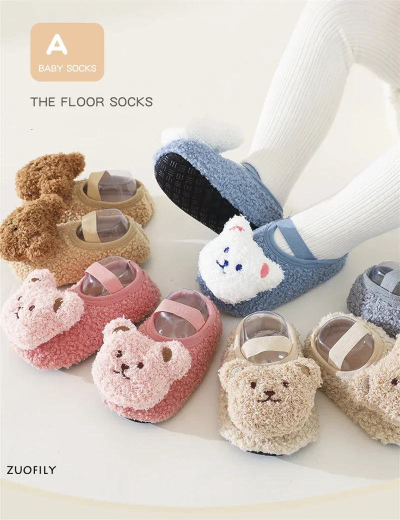 Cartoon Bear Baby Shoes Winter Thick Warm Newborn Shoes Non-slip Soled Soft Plush Toddler Kids Boy Girls Infant First Walkers