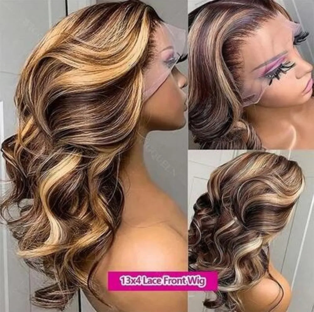 13x4 HD Highlight Body Wave Lace Front Wigs Human Hair For Women Glueless Pre Plucked 4/27 Colored 200% Density With Baby Hair
