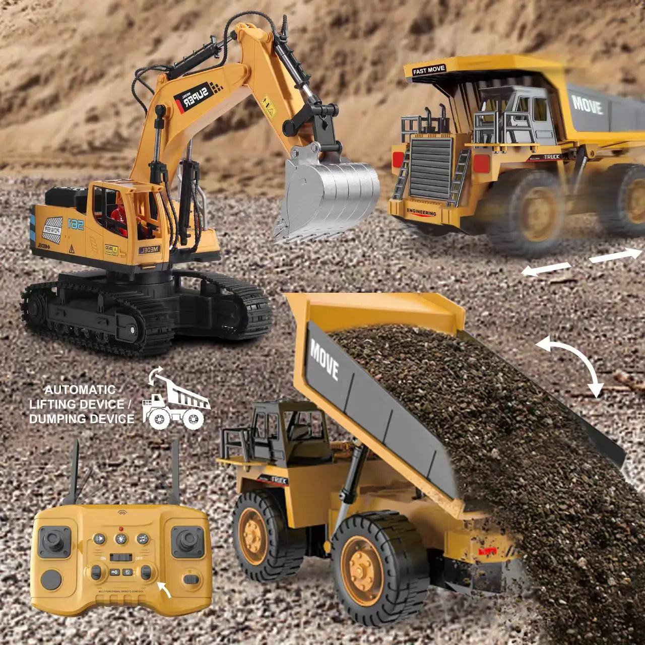 ZWN 1/16 1/20 Remote Control Excavator Dump Truck RC Model Car Toy Professional Alloy Simulation Construction Vehicle for Kids