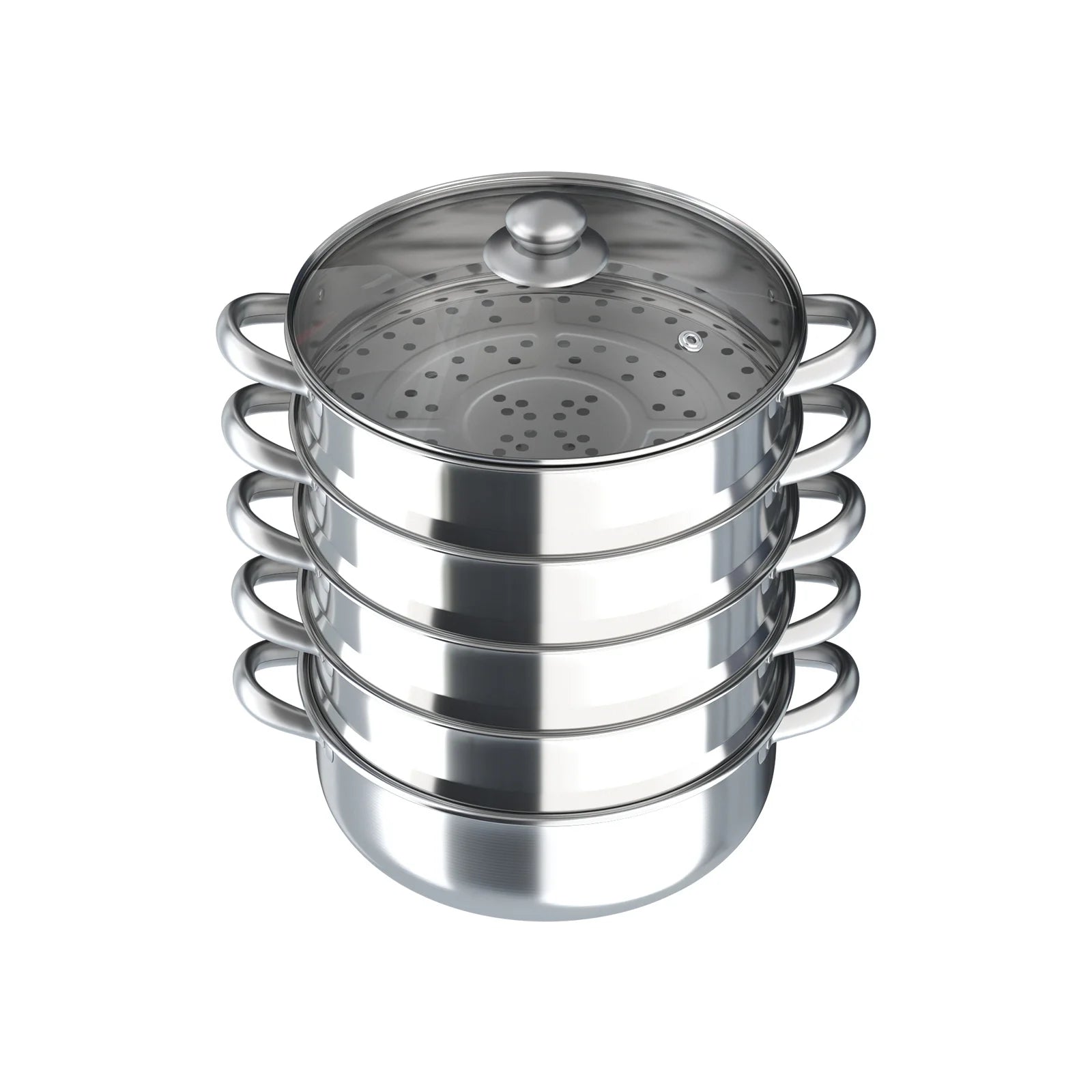 5-Layer Steamer 26cm/28cm/30cm Steam Cooker 304 Food-Grade Stainless Steel 4 Steaming Grids and 1 Cooking Pot W/ Glass Lid