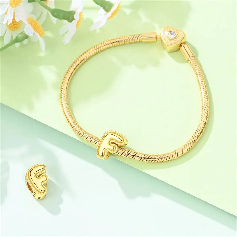 New Hot Sales 925 Sterling Silver 26 Golden Letters Charms Bead Fit Original Bracelet DIY Women Birthday Jewelry Gifts
