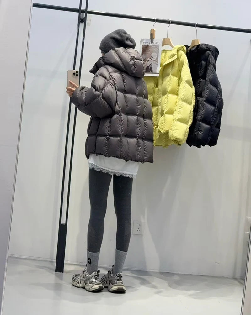Schinteon Women Light White Down Jacket with Hood Loose Over Size Casual Autumn Winter Outwear Square Warm Short Coat 2026 New
