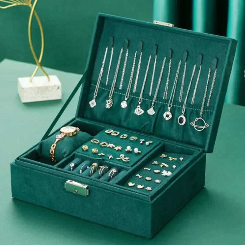 Pink Green 2-Layer Flannel Jewelry Organizer Box Necklaces Earrings Rings Display Holder Case for Women Large Capacity With Lock