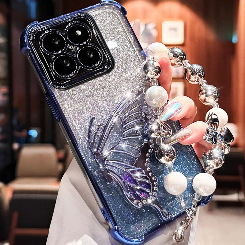 Shockproof Plating Glitter Butterfly Bracket Bracelet Case for Xiaomi 17 Pro Max Xiaomi17 13T 14T 15T Pro 15 Ultra Stand Cover
