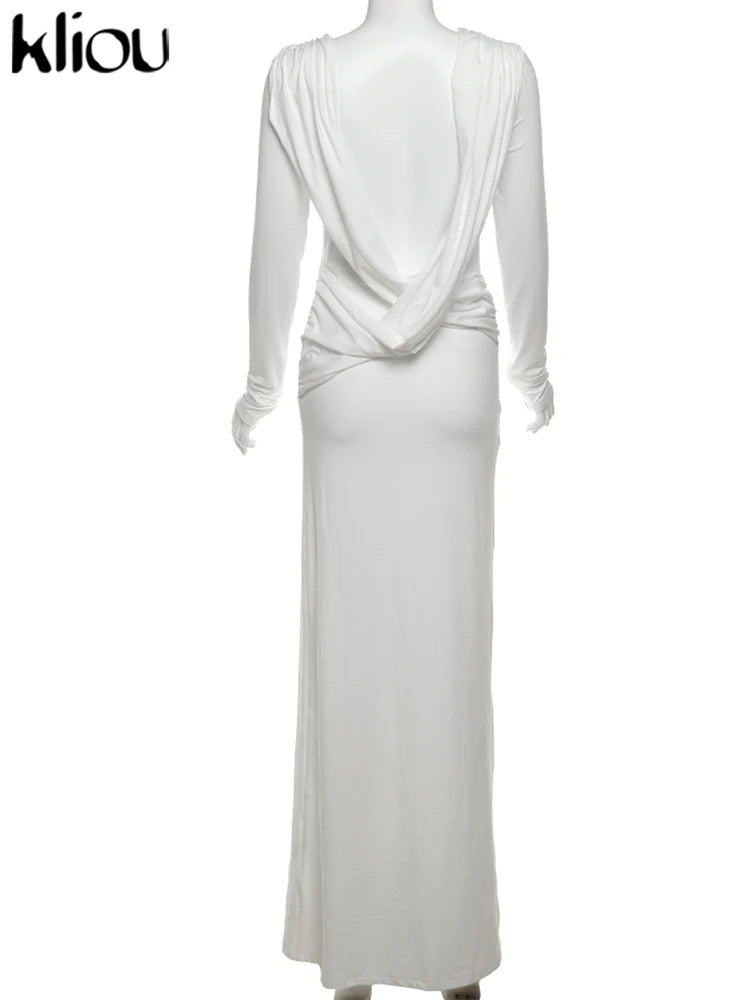 kliou Solid Elegant Women Maxi Dress Simple Fall Classic Trend Full Sleeve Swinging Backless Sheath Vestidos Mujer Evening Robe