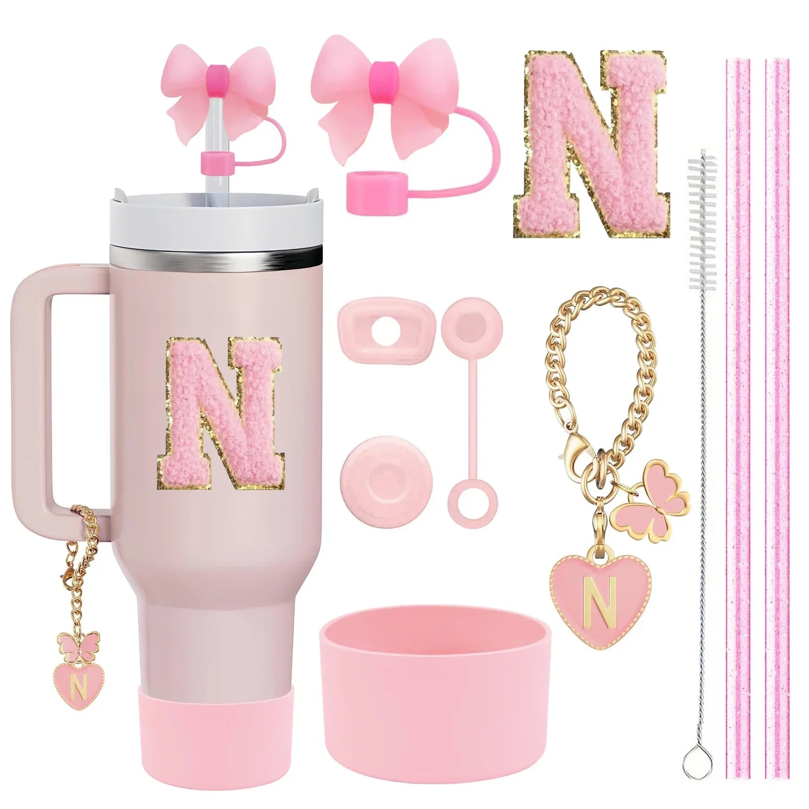 10PCS Accessories Set for Stanley Cup, 2 Straw and Brush and 1 Flower Charm Chain 3 Spill Proof Stopper Flowers Straw Cover Boot