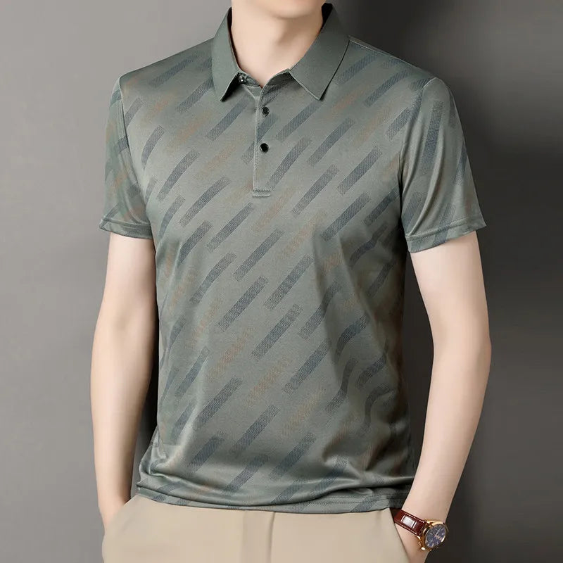 Men's Fashion Polo Shirt Short Sleeve Lapel Collar Diagonal Striped Print Casual Business Golf Tops