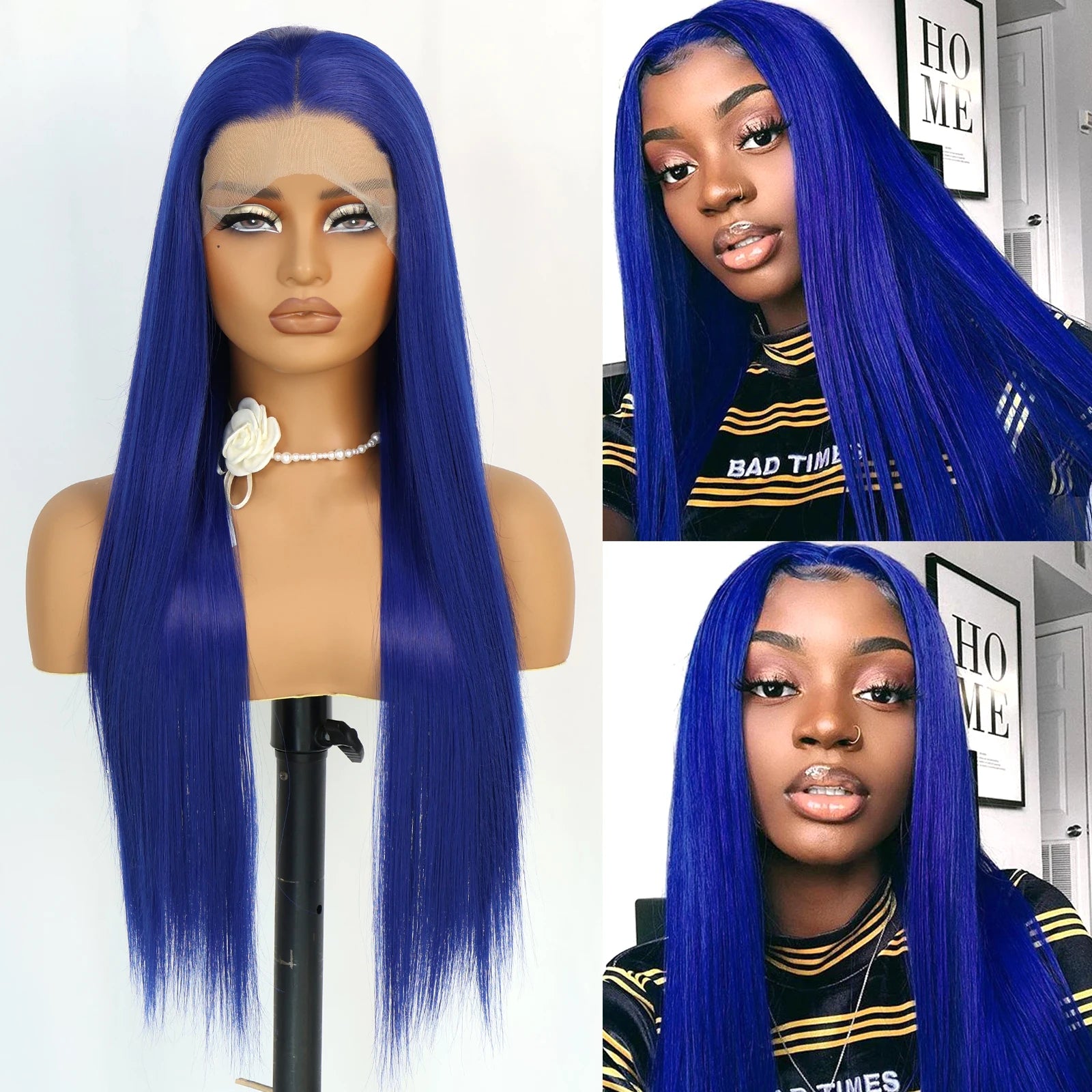 Aubree Synthetic Wigs Blue Hair 13*4 Lace Front Wigs For Daily Use Party Time Long Straight 28 inches 180% Density Glueless