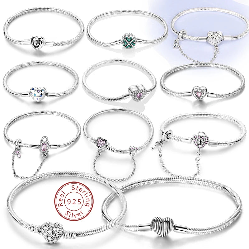 Bracelet Original 925 Sterling Silver Charm Bracelet 17-20CM Love Heart Pave Zirconia Bracelet for Women DIY Charm Jewelry Gifts