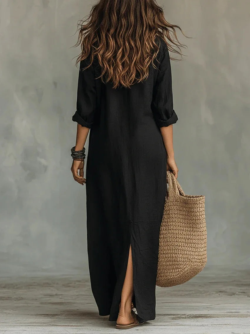 Casual Long Sleeve Loose Maxi Dress Women 2026 Summer Solid Color Turn-down Collar Beach Long Dresses Elegant Vestidos