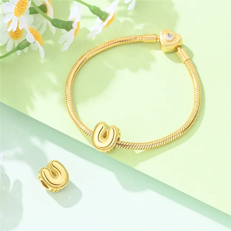New Hot Sales 925 Sterling Silver 26 Golden Letters Charms Bead Fit Original Bracelet DIY Women Birthday Jewelry Gifts