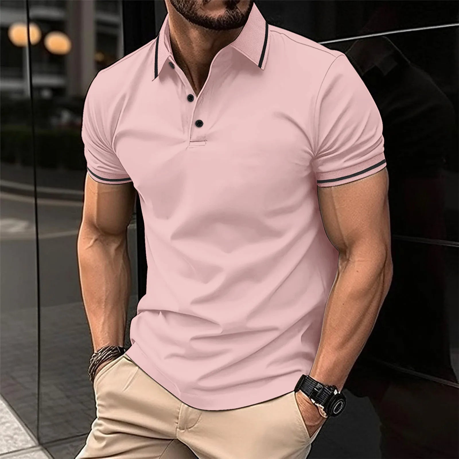 Summer Men'S Shirt, Unbuttoned Ribbed Collar Polo, Sporty Loose Short Sleeves, Basic Style, Comfortable And Breathable, Casual T-Shirt