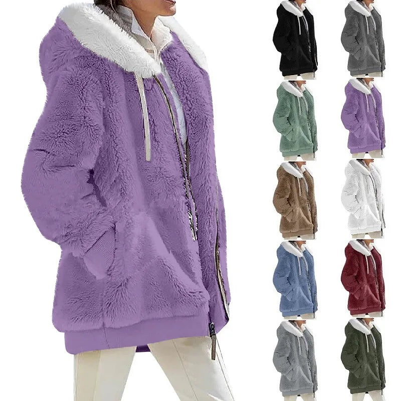 Autumn Winter Fashion Women's Coat New Casual Hooded Zipper Lady Clothes Cashmere Female Fleece Jacket Solid Color Ladies Coats