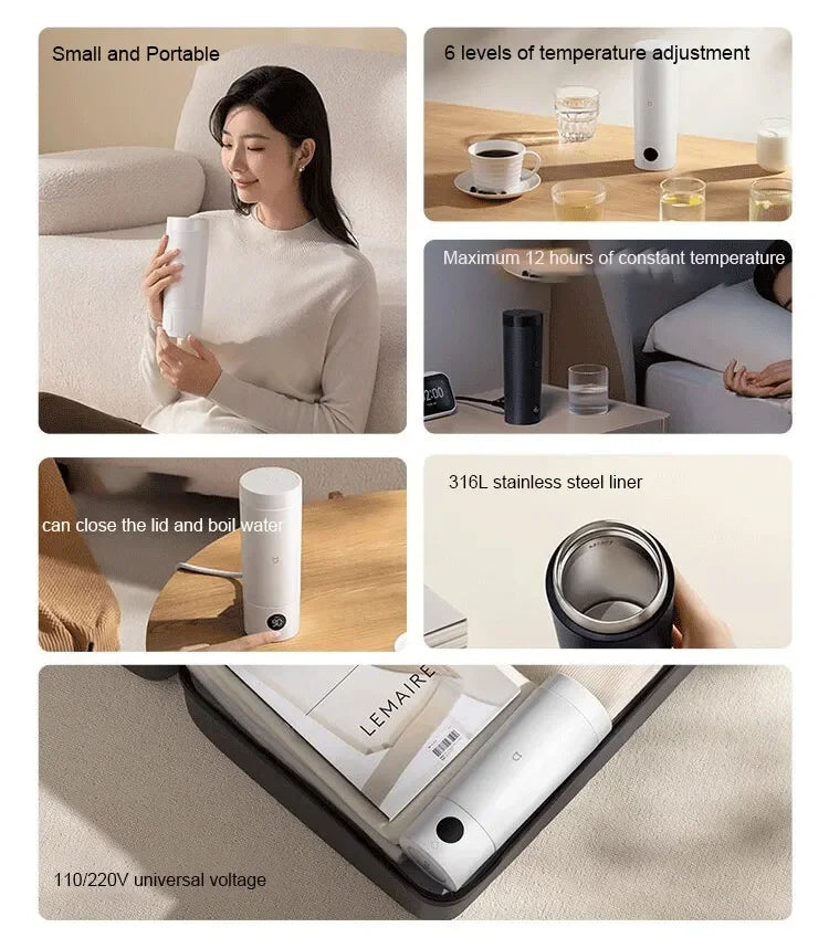 XIAOMI Mijia Portable Electric Kettle 2, 350ml Travel Water Boiler & Insulate Cup 2 in 1, 6 Temperature, 300W for Hotel Dorm