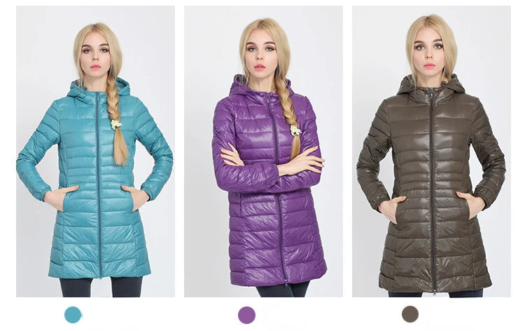 Women Long Warm Light Down Jacket Ladies Fashion Hooded with Portable Storage Bag Puffer Coats Women's Overcoats Hip-Length Coat