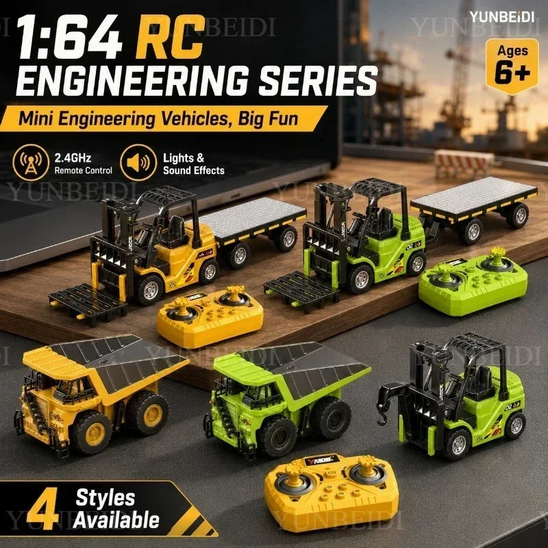 1:64 RC Mini Alloy Car Forklift with Trailer Excavator Desktop Game 2.4G Remote Control Engineering Lift Truck Child's Toy Gifts