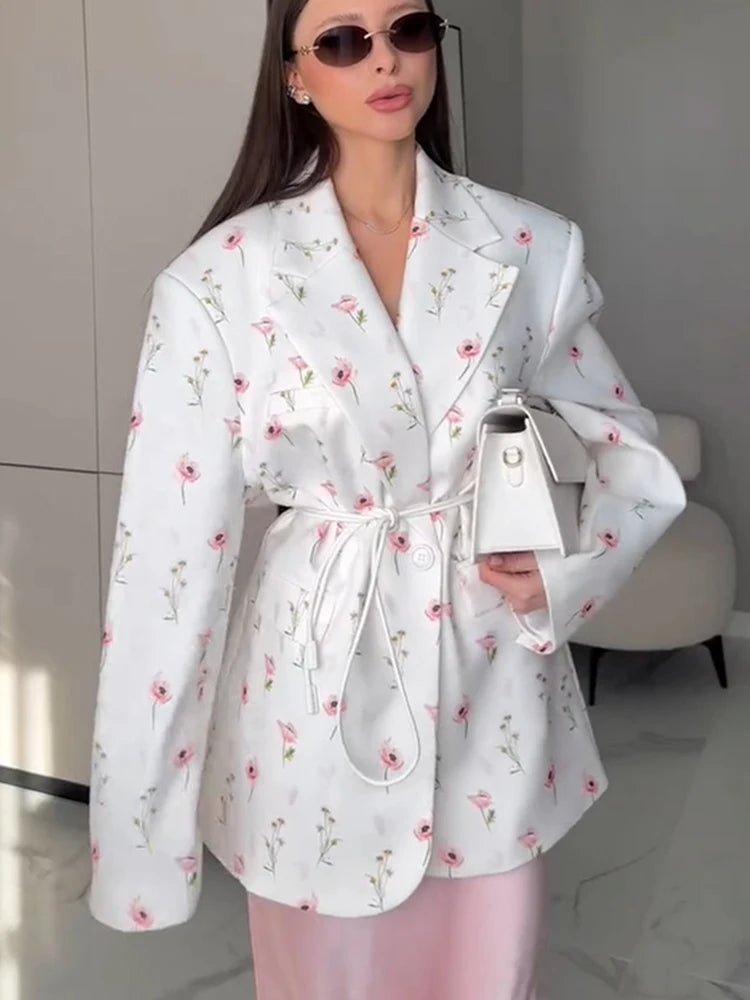 FSMG New Fashion Flowers Print Loose Suit Collar Coat For Women Elegant Belted Waist Cinching Suit Jacket Female Street Chic Top