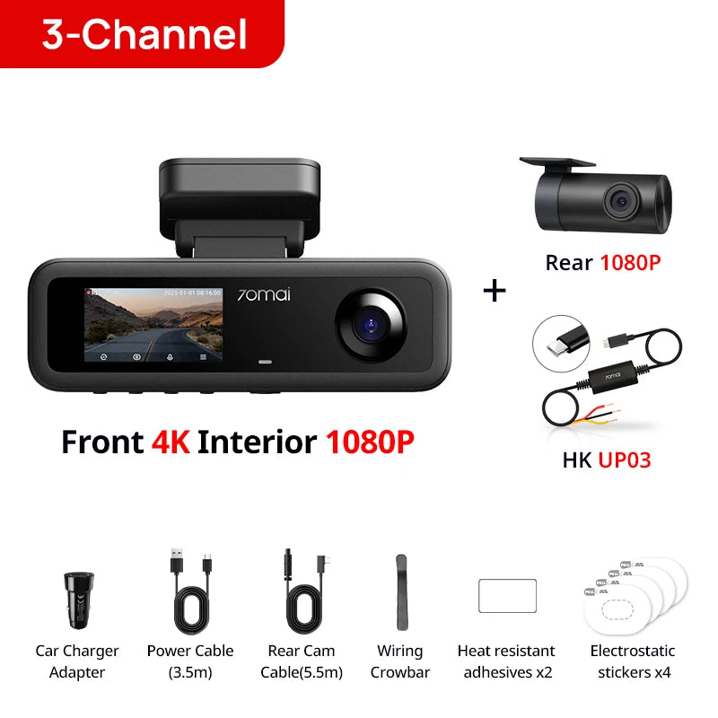 70mai t800e 3-Channel Front 4k + rear 1080p + interior 1080p HDR supercapacitor 24H parking GPS WiFi 6 70mai t800e voice control