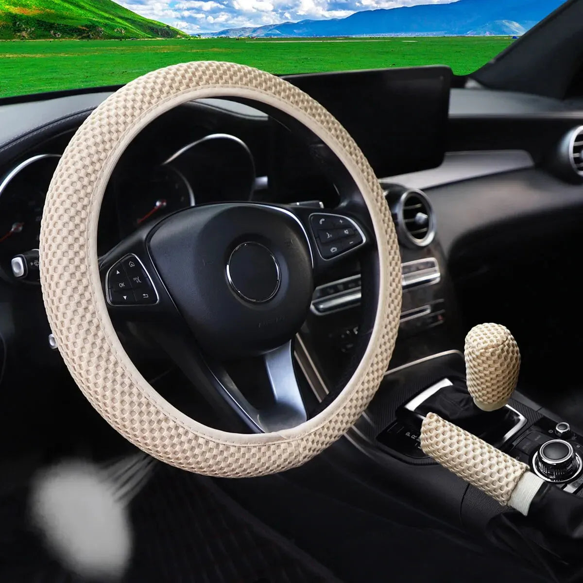 3 Car Massage Mesh Cloth Steering Wheel Cover Handbrake & Handle Cover Set Breathable No Inner Ring for 14.5-15 Inch Accessories