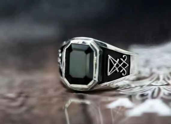 Vintage Gothic Lucifer Seal of Satan Signet Rings Punk Stainless Steel Seal Rings With Black Stone Pagan Jewelry Party Man Gift