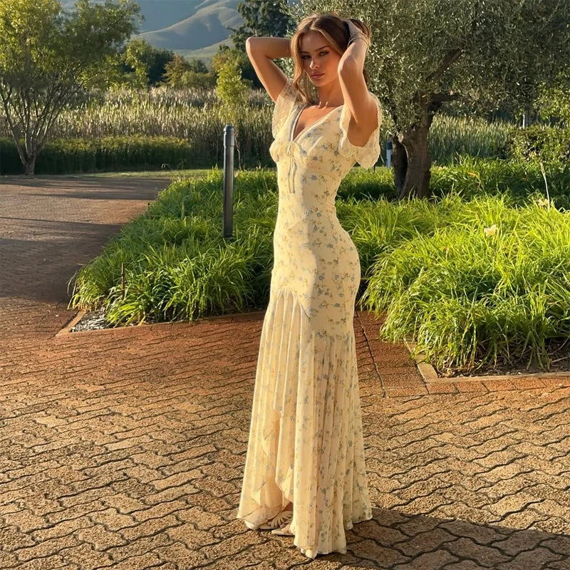 Fashion Organza Floral Printed Maxi Dress V-Neck Puff Sleeve 2026 Spring/Summer Romantic Women Party Gown Elegant Lady Vestido