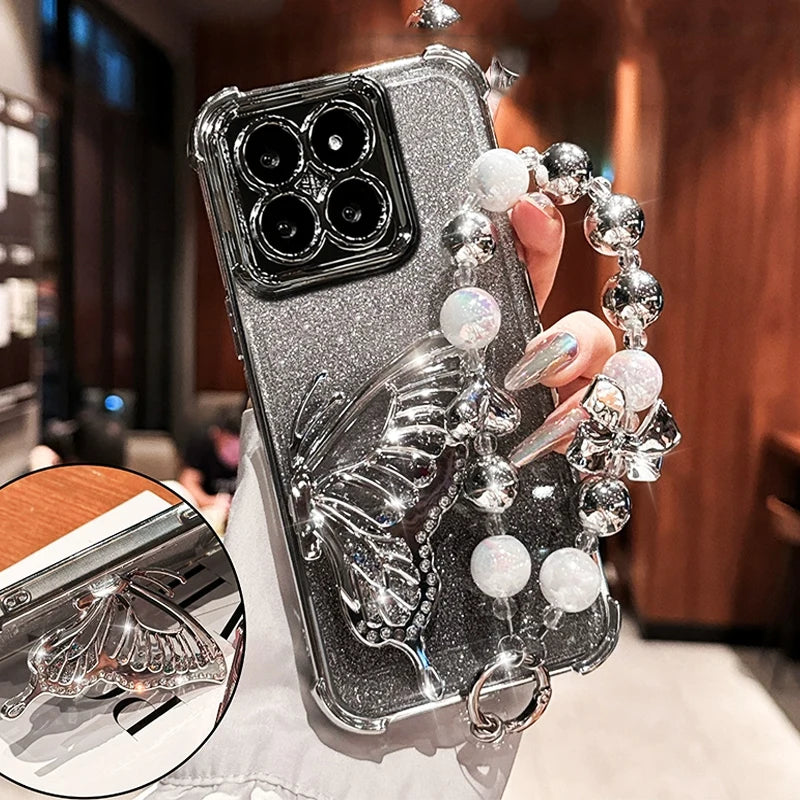 Shockproof Plating Glitter Butterfly Bracket Bracelet Case for Xiaomi 17 Pro Max Xiaomi17 13T 14T 15T Pro 15 Ultra Stand Cover