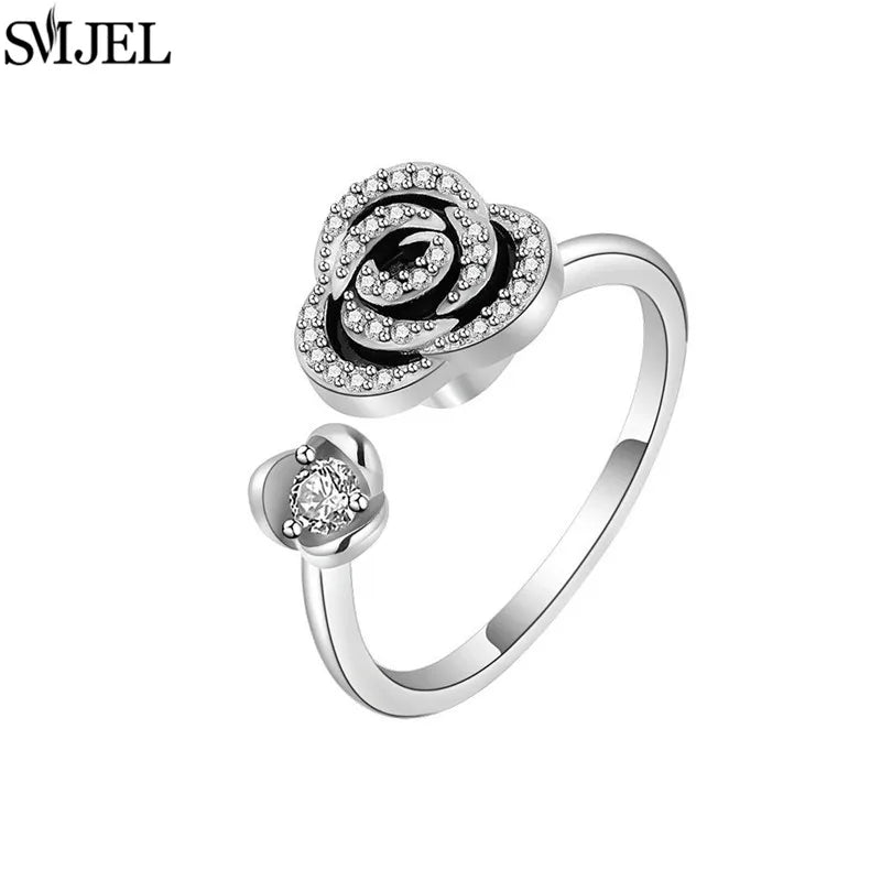Ethnic Fashion Daisy Flower Anxiety Ring Adjustable Women Girls Worry Stress Relief Jewelry Spinning Fidget Rings Party Gifts
