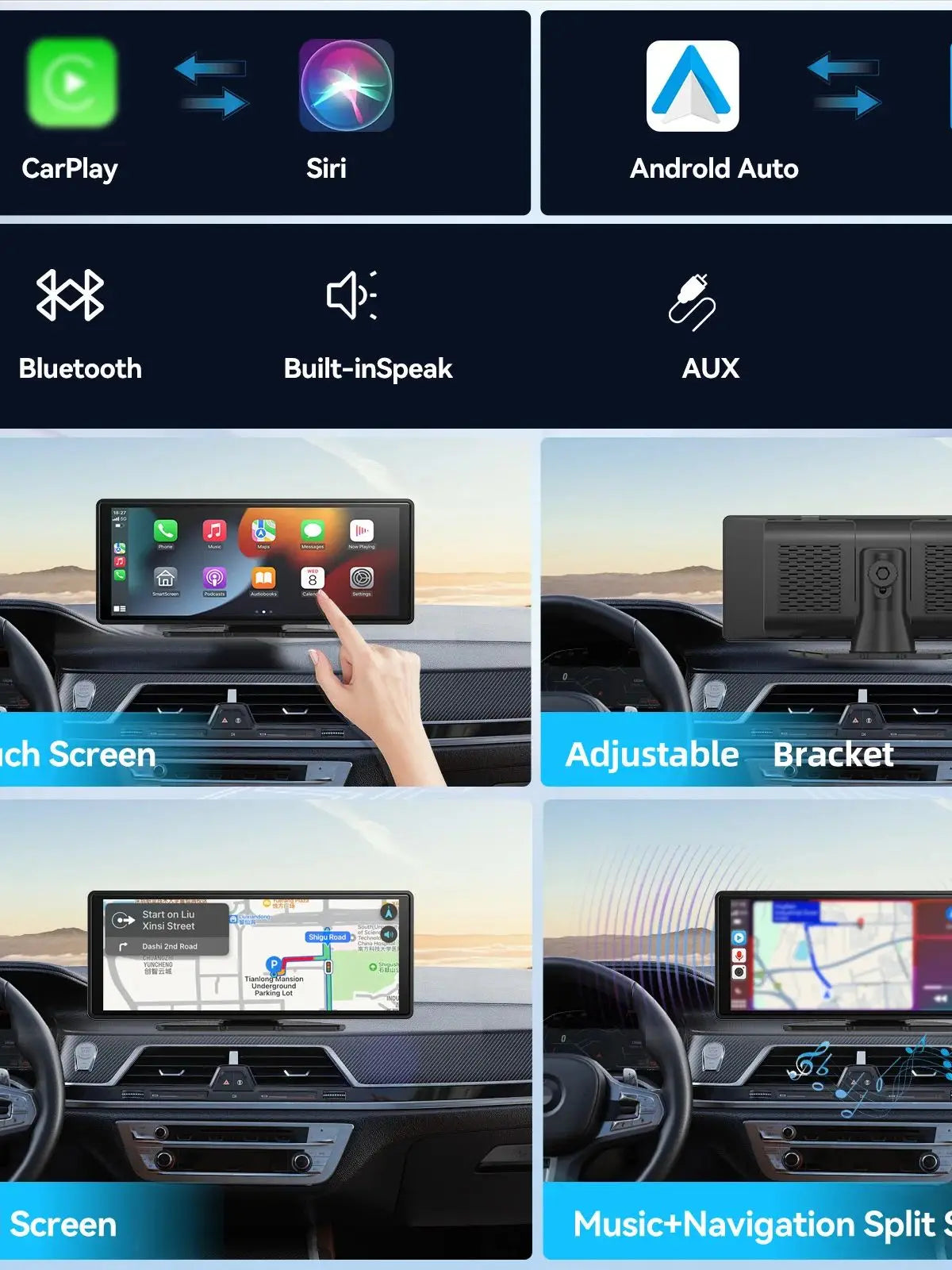 Universal Portable Wireless Carplay Screen for Car with Android Auto Touchscreen Car Stereo System