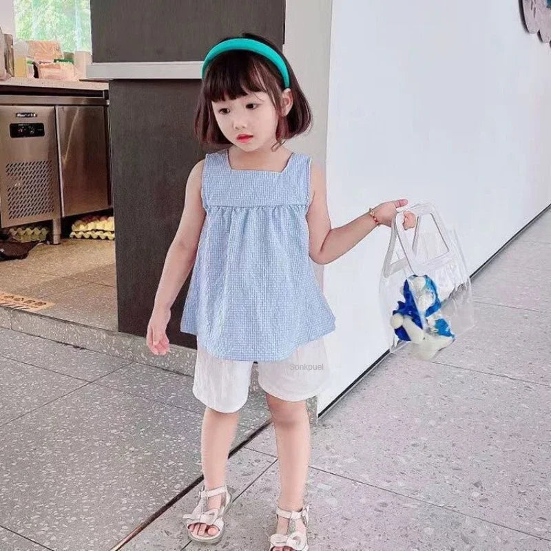 Girls Clothes Sets Summer Kids Casual Clothing for Girls Checked Straps+White Shorts Children's Baby Girl Outfit