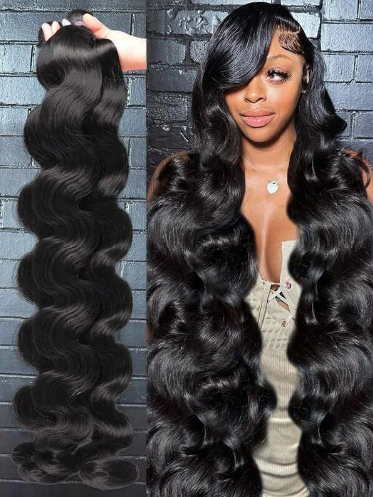 42 Inch Body Wave Human Hair Bundles Natural Black Brazilian Virgin Hair Weave 12A Unprocessed Real Human Hair Extensions Full T
