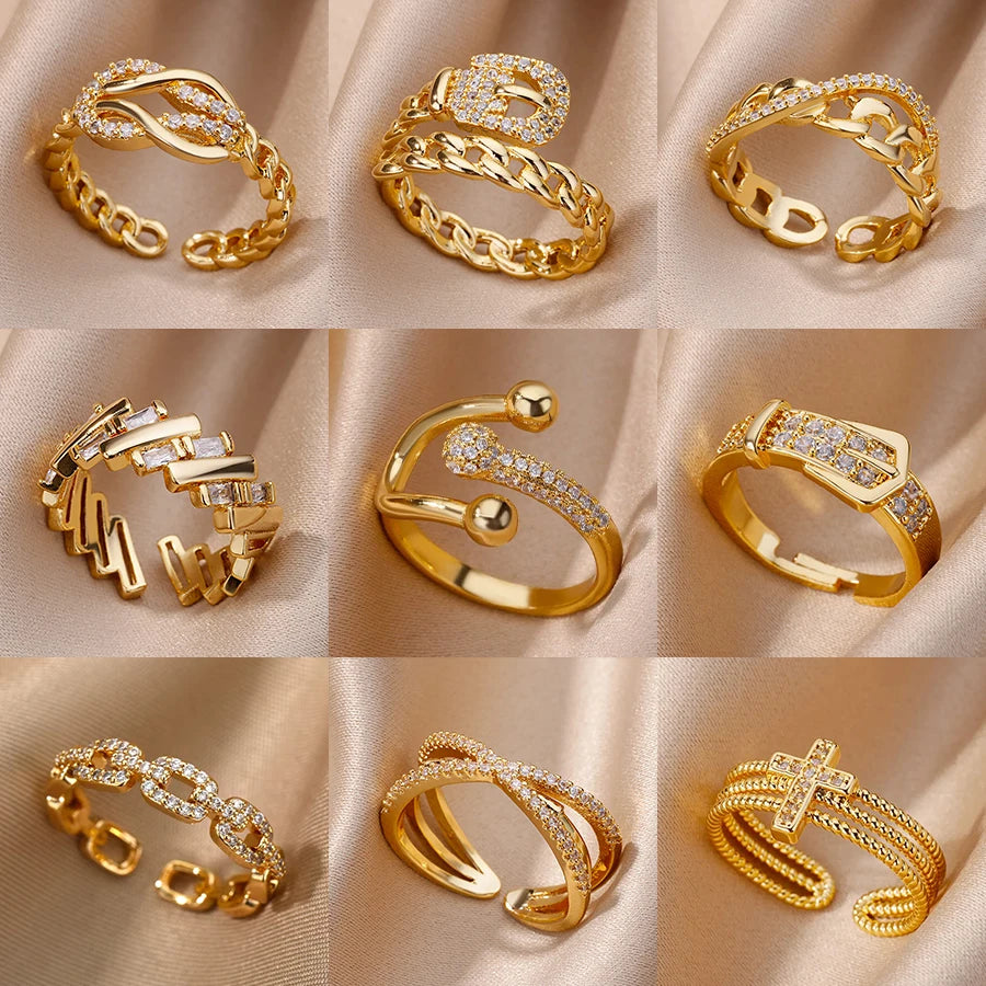 Fashion Chain Hollow Out Rings For Women Gold Color Stainless Steel Zircon Cross Open Ring Trendy Wedding Aesthetic Jewerly Gift