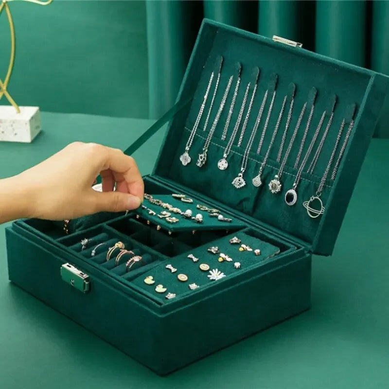 Pink Green 2-Layer Flannel Jewelry Organizer Box Necklaces Earrings Rings Display Holder Case for Women Large Capacity With Lock