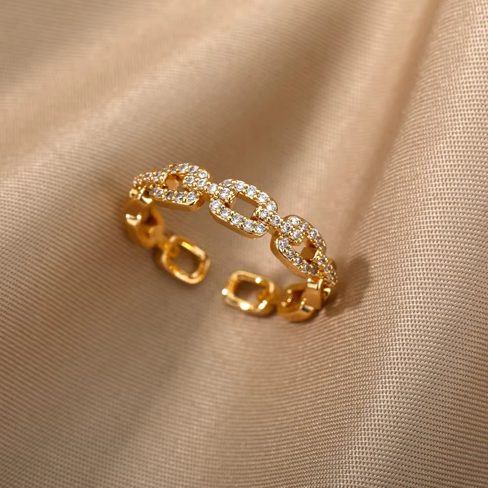 Fashion Chain Hollow Out Rings For Women Gold Color Stainless Steel Zircon Cross Open Ring Trendy Wedding Aesthetic Jewerly Gift