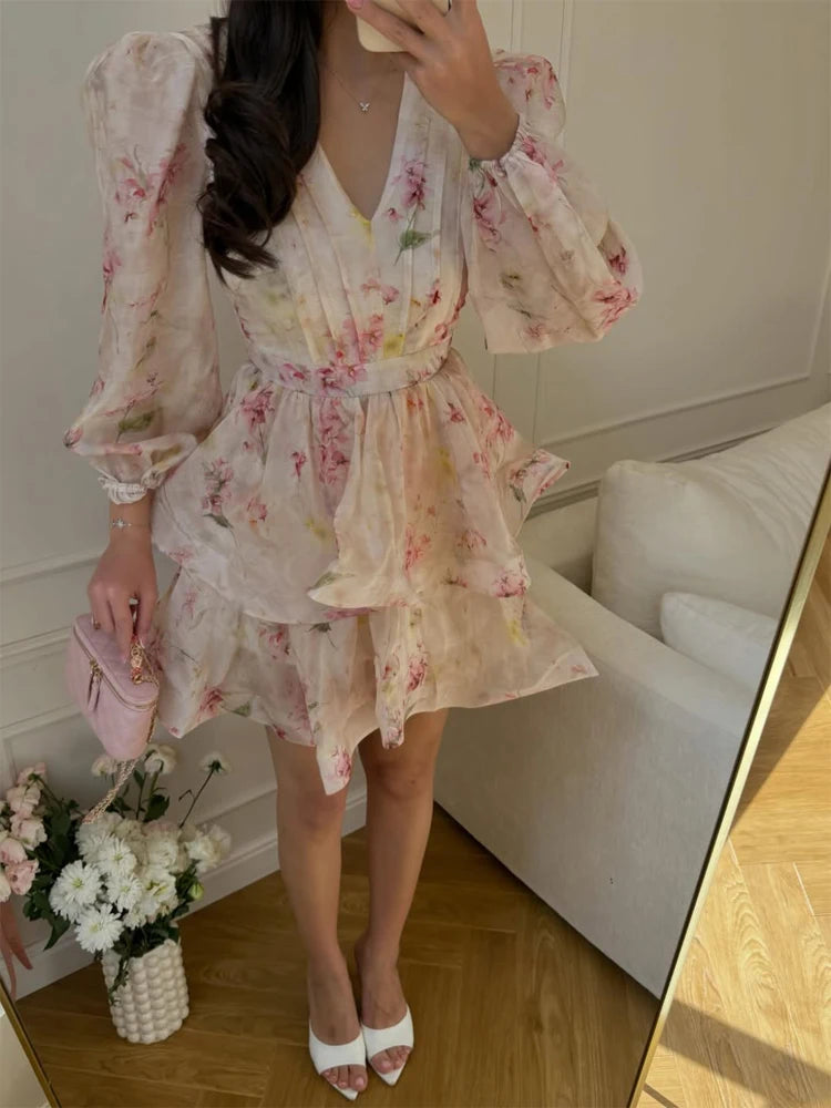 Women Floral Print Mini Dress V-neck Balloon Sleeve Keyhole Detail Tiered Ruffle Hem Dresses 2026 New Summer Holiday Party Gowns