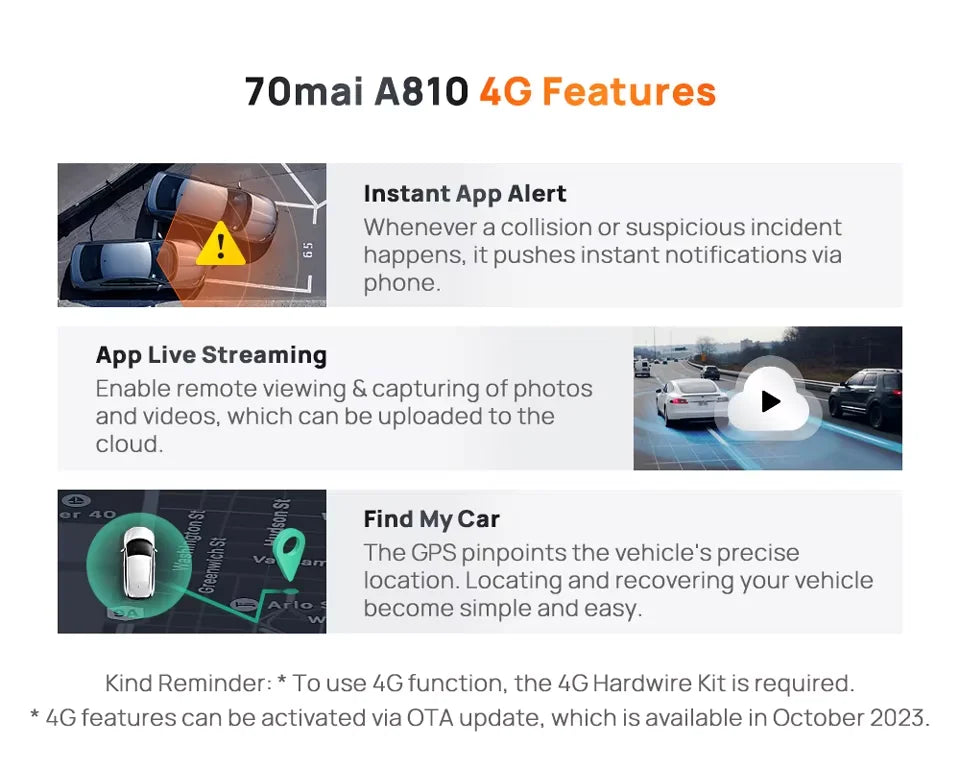 70mai 4K Dash Cam A810 Front Rear Set Suppor 4G Module LTE UP04 Remote Control GPS ADAS Car DVR 70mai A810 Car DVR