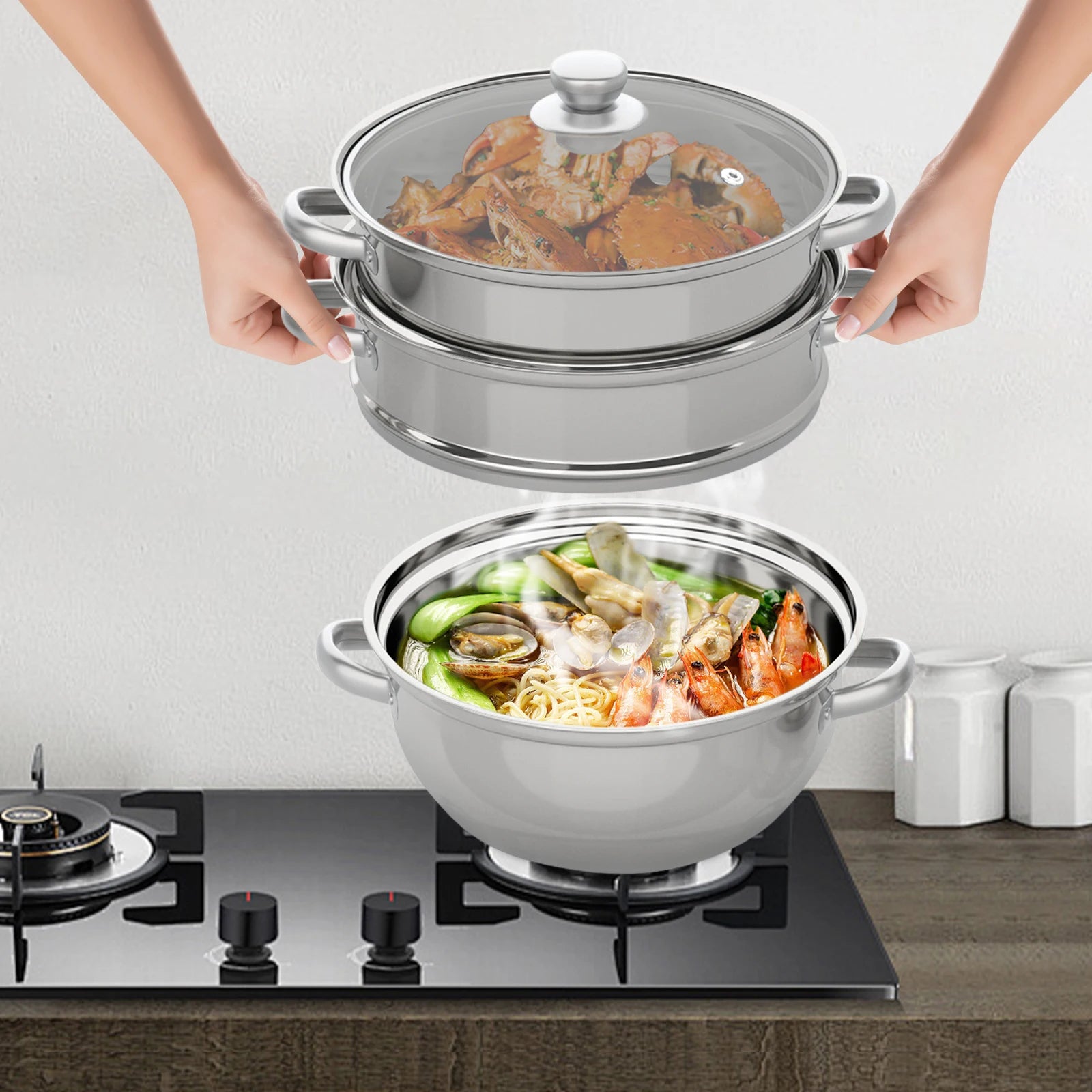 28CM Stainless Steel Steam Cooker Multi-Function 3 Tier Steamer Pot Cookware for Cooking Veg Meat Soups Seafood