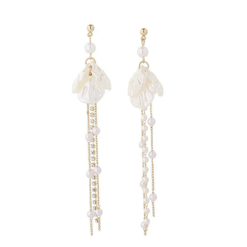 Trendy Temperament Long Pearls No Hole Clip Earrings Imitation Pearl Shell Tassel Long Clip on Earrings on Pierced Ears Women