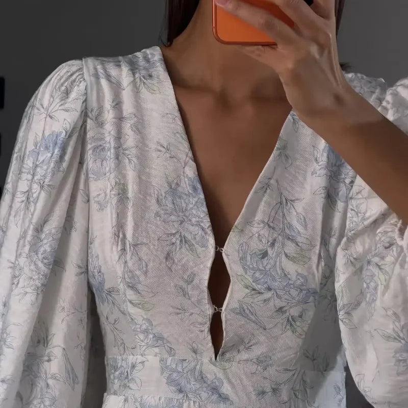 Women Floral Print Mini Dress V-neck Balloon Sleeve Keyhole Detail Tiered Ruffle Hem Dresses 2026 New Summer Holiday Party Gowns