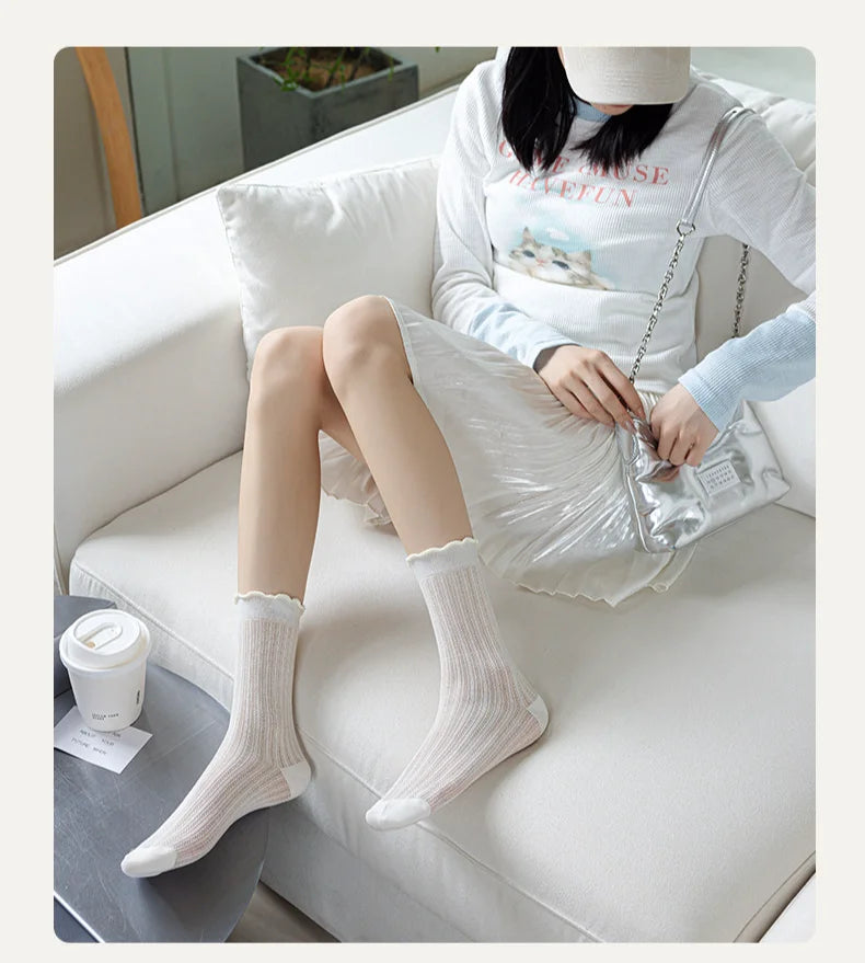 Women Solid Color Mesh Mid Tube Socks Spring Summer Thin Lightweight Breathable Wavy Edge Ballet Style Casual Hollo