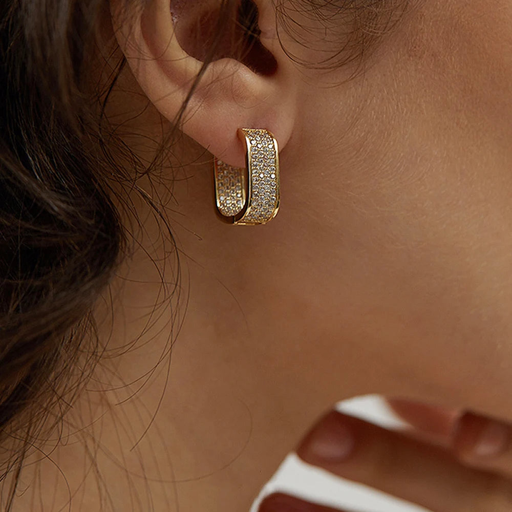 Huitan Korean Fashion Paved CZ Hoop Earrings for Women Metal Silver Color/Gold Color Simple Versatile Earrings Hot Jewelry