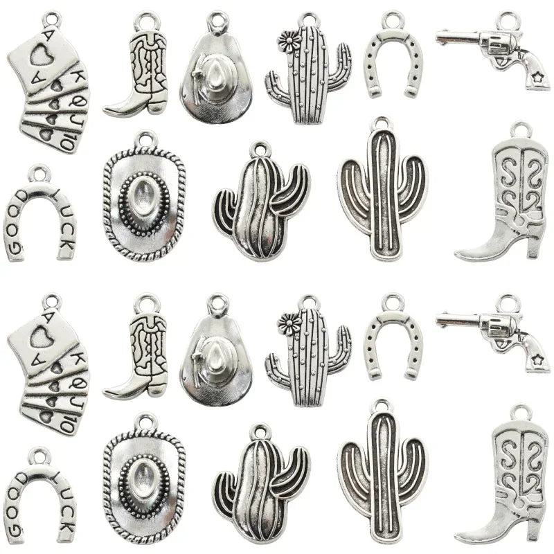 11pcs Mixed Antique Silver Western Cowboy Charms Alloy Boot Gun Hat Pendants For DIY Bracelet Earrings Necklace Jewelry Making