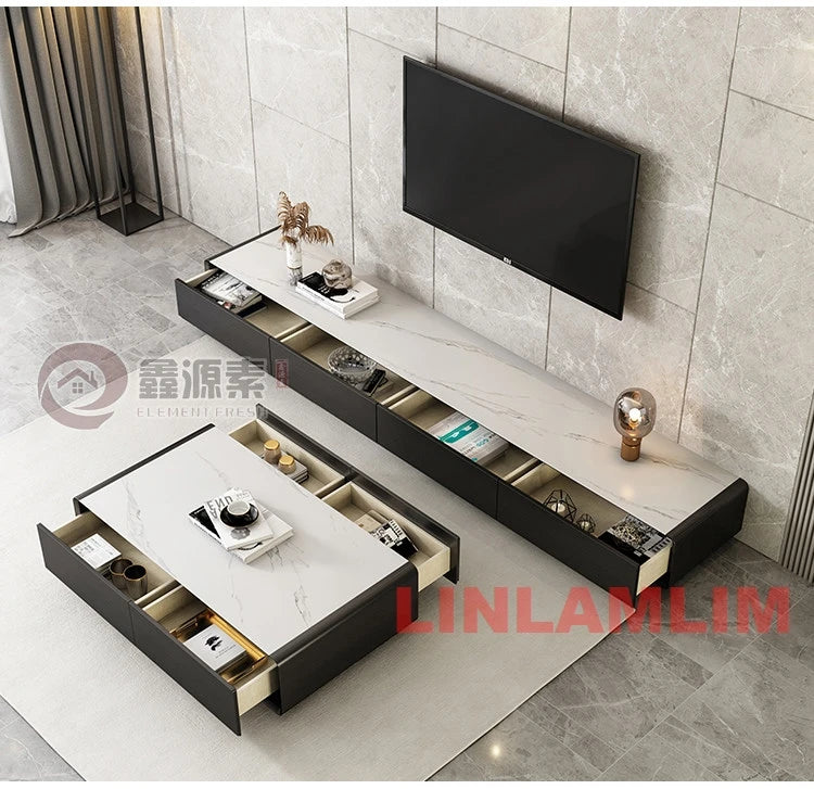 Modern White Living Room Furniture Set, Coffee Table and TV Stand with Storage Cabinets, Contemporary Entertainment Center Set