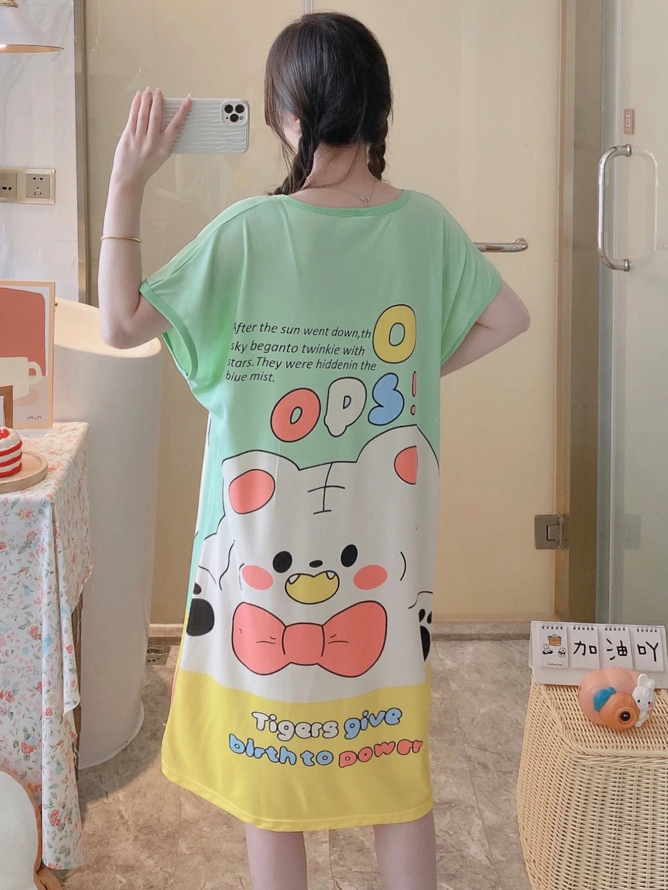 1PC, Summer And Autumn Cool Cute Girls Cartoon Nightdress, Comfortable Short-sleeved Dress, Women's Home Wear, Polyester Pajama